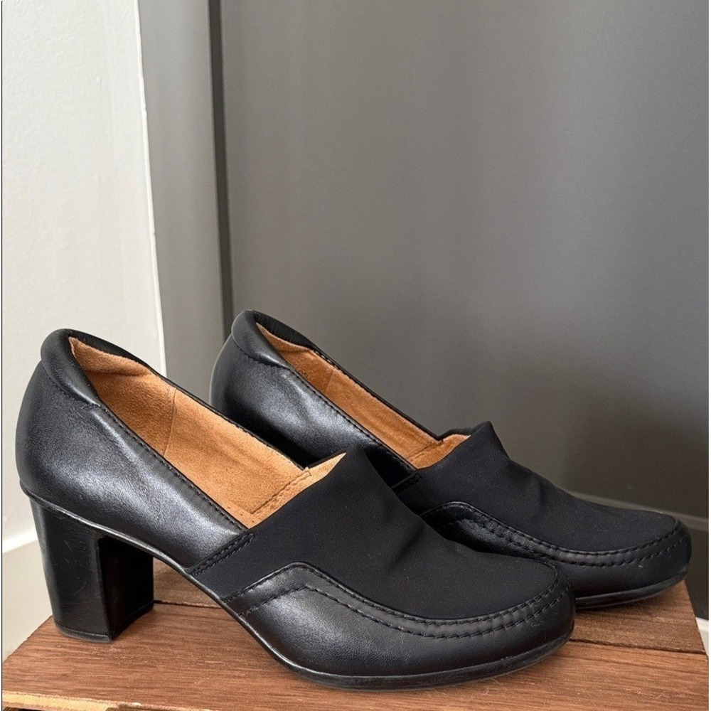 Naturalizer Womens Black Leather Fabric Slip On Block Heel Pumps Shoes Comfort